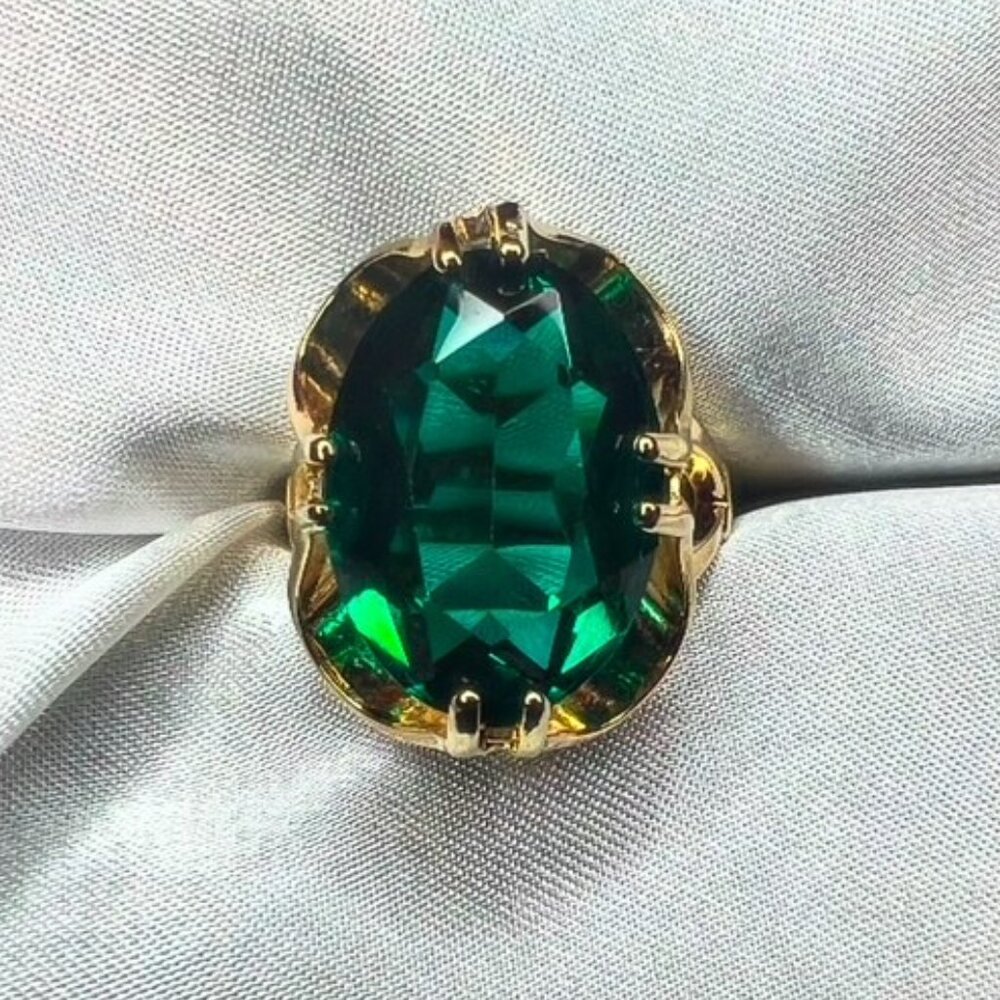 Oval Shaped Emerald Gold-Plated Cocktail Ring
